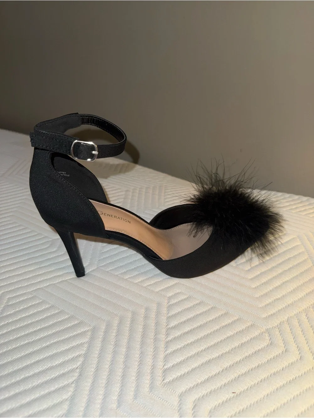BCBGeneration Black Pom-Pom Ankle-Strap Pointed-Toe Heels